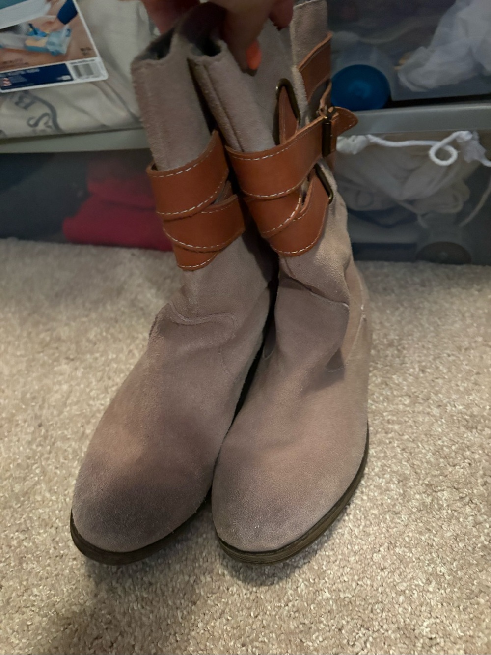 Women's Taupe Suede Ankle Boots with Brown Strap
